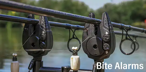 A set of colorful bite alarms for fishing, designed to alert anglers when a fish is biting