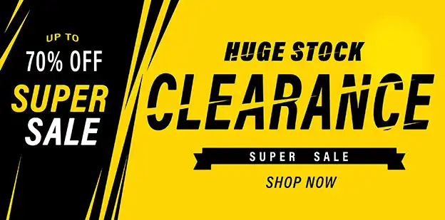 Huge stock clearance super sale banner with bold text and vibrant colors promoting discounts on various products